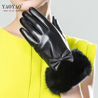 Wholesale Five Fingers Gloves YY5426 Arrival Female Genuine Leather Black Fur Short Thicken Women Bowknot Winter Motocycle Driving Luvas