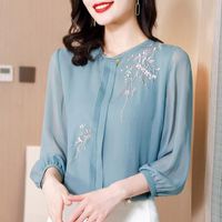 Wholesale Women s Blouses Shirts Elegant Women Silk Chiffon Shirt Spring Summer Lady Tops Korean Fashion Embroidery Top Roupas Feminina