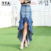 Wholesale Skirts Spring Brand Womens Asymmetrical Ruffles Wash Denim Slim Fit High Waist Fashion Streetwear Female Long