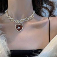 Wholesale XINYAO Vintage Style Red Heart Necklace For Women Girls Elegant Pearl Choker Party Jewelry Kolye Gifts gold chain Necklac