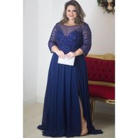 Wholesale Arabic Navy Blue Sexy Of Bride Dresses Beaded Sheer Neck Chiffon Mother Groom Cheap Formal Party Evening Gowns