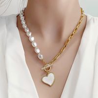 Wholesale KMVEXO Elegant Enamel Heart Pendant Necklace Women Summer Baroque Pearl Asymmetric Chains Toggle Clasp Necklaces Jewelry