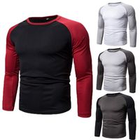 Wholesale Men s T Shirts Color blocking Tops Fall Long sleeved Round Neck Slim fit Shirts Pullovers Stitching Casual