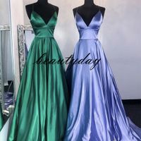 Wholesale Emerald Green Prom Dresses A Line Spaghetti Straps Formal Evening Party Wear Pageant Gowns Middle East Backless Elastic Satin