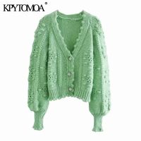 Wholesale KPYTOMOA Women Fashion With Gem Buttons Pompom Detail Knit Cardigan Sweater Vintage Long Sleeve Female Outerwear Chic Tops