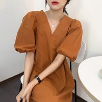 Wholesale Casual Dresses Summer All match Orange Skin V neck Puff Sleeves Loose A shaped Small Dress GQD