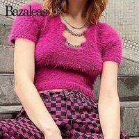 Wholesale Women s T Shirt Harajuku Short Sleeve Cropped Rose Pink Double Chain Crop Top Cute Mohair Soft Women Tshirt