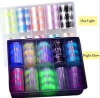 Wholesale 10 Roll Box Luminous Fire Flame Foil Set Nail Art Transfer Sticker Decal Yellow Blue Slider Starry Papers Decoration
