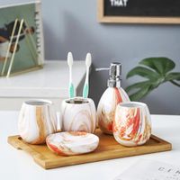 Wholesale Bath Accessory Set Ceramic Bathroom Wooden Tray Wash Cup Six Pieces Luxury Home Accessories Kit Soap Dispenser Toothbrush