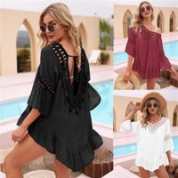 Wholesale Plus Size Beach Dresses and Tunics Crochet V neck Coverup Black Woman flounce Dress NEW Kimono De Plage Swimwear Sun Dress X0726