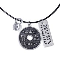 Wholesale Strong bodybuilding enthusiast gym kettlebell barbell charm combination leather necklace FIT fitness men and women gift necklace