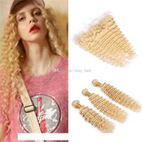 Wholesale Virgin Brazilian Deep Wave Blonde Hair Bundles with Lace Frontal Closure Blonde Deep Curly Human Hair Wefts with Full Frontals