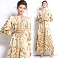 Wholesale Big V neck Dress A type Ethnic Style Printed Handmade Buckle Embellishment Comfortable and Breathable Long Sleeve Slim Skirt in