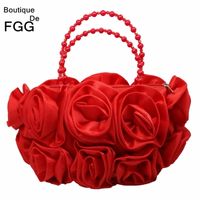 Wholesale Boutique De FGG Red Flower Rose Bush Women Satin Evening Purse Beaded Handle Totes Bag Wedding Handbag Bridal Clutch