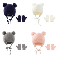 Wholesale 2021 Winter Warm Newborn Baby Knitted Hat Solid Color Children s Ourdoor Crochet Hat Gloves Two piece Set With Double Plush Ball Kids Boys Grils Cap G99KLNL