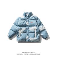 Wholesale Winter Harajuku Cotton Padded Jacket Men Parka Blue Sky Clouds Print Streetwear Unisex Couples Oversize Baseball Coat
