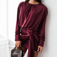 Wholesale Casual Dresses Elegant Fashion Women s Bodycon Mini Dress Solid Color Wrap Slim fit Lace up Round Neck Long Sleeve Burgundy Vestido
