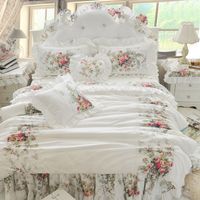 Wholesale 4pcs Korean Style Beige Princess Bedding Set Luxury Rose Printing Lace Quilt Cover Ruffles Bedspread Bed Sheet Cotton Queen King Size R2