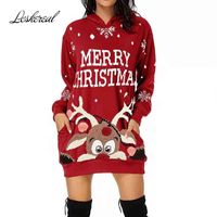 Wholesale Fashion Hooded Sleeve Christmas Mini Dress Autumn Winter Casual Deer Print Dresses For Women Long Top Plus Size