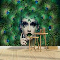Wholesale Wallpapers Drop Custom d Modern Art Beauty Peacock Feather Wall Painting Decorative Wallpaper Sexy Lady Mural