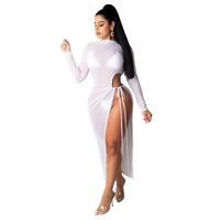 Wholesale Casual Dresses Women s Sheer Mesh Dress Sexy See Through Long Sleeve Side Lace Up Maxi Ladies Beach Solid Color
