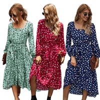 Wholesale Casual Dresses Women Autumn Square Neck Dress Puff Long Sleeve Contrast Colored Polka Dot Belted High Waist Flared Flowy Vintage Party Sundr