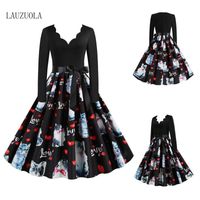 Wholesale Casual Dresses XL Plus Size Black Print Vintage Pinup Robe Women Long Sleeve Dress Sexy V Neck Valentine Day Rockabilly Party