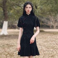 Wholesale Ethnic Clothing Sexy Black Lace Cheongsam Vintage Mandarin Collar Qipao Improved Women Button Beading Dress Elegant Retro Prom Gown Vestidos