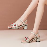 Wholesale Sandals Fashion Sweet Flowers Decoration Women Buckle High Heels Ladies Sheos Elegant Cow Leather Party Office Shoes Woman