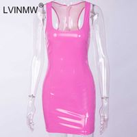 Wholesale LVINMW Sexy Pink PU Leather Bodycon Dress Summer Women Sleeveless Low Cut Back Zipper Elastic Mini Dress Party Club Dresses Y0706