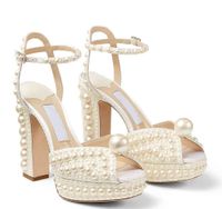 Wholesale Summer Sacaria Dress Wedding Shoes Pearl Embellished Satin Platform Sandals Elegant Women White Bride Pearls High Heels Ladies Pumps EU35