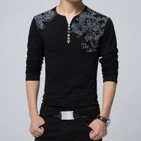 Wholesale Men s T Shirts Autumn Fashion Floral Print Men T shirt Collar Button Decorate Long Sleeve For Tops Plus Size XL