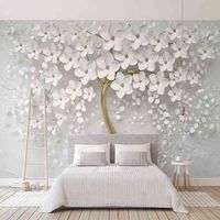 Wholesale Custom Any Size Murals paper D Stereo White Flowers Painting Living Room TV Sofa Bedroom Backdrop Wall Papel De Parede