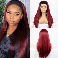 Wholesale Synthetic Wigs J Color Headband Long Straight Hair Ombre Burgundy Glueless Machine Made For Black Women