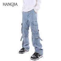 Wholesale Men s Jeans Blue Black Function Cargo Wide Leg Jean Hip Hop Adjustable Ribbons Zipper Up Denim For Men Streetwear Fashion Clothes