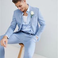 Wholesale Light Blue Custom Made Men Suit pieces Jacket Pants Tie Terno Masculino Causal Wedding Prom Groom Custom Made Men Suits