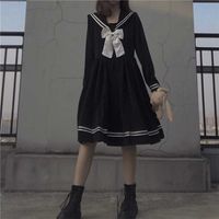 Wholesale Japanese Lolita Kawaii Sweet Bowknot Robes Long Sleeve Black Knee Length Navy Preppy Party Women Summer Dress clothes dresses