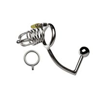 Wholesale Male Chastity Device Stainless Steel Cock Cage with Urethral Catheter Anal Hook Butt Plug Beads Sex Toys for Men XCXA159 Small