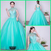 Wholesale New fashion ball gown sky blue heavily beading prom dress cap sleeve sheer back sexy corset puffy elegant prom gowns cheap sale