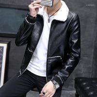 Wholesale Men s Jackets Autumn And Winter Fur One Leather Fashion Slim Short Jacket PU Plus Velvet Stand Collar Casual1