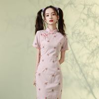 Wholesale Ethnic Clothing Old Shanghai Cheongsam Cotton Linen Women Qipao Elegant Vintage Dress Young Retro Pink Girly Republic Of China