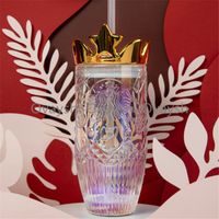 Wholesale 2021 Starbucks Straw Mug Valentine s Day dazzle colour Crown Glass transparent Relief Mermaid Coffee Ice cup oz