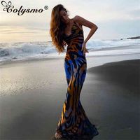 Wholesale Colysmo Print Maxi Dress Women Sexy Low Cut Cowl Neck Back Lace Up es Seaside Party Club Wear Long