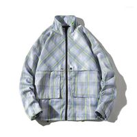 Wholesale Men s Jackets Fall Plaid Jacket For Men Japanese Fashion Trends Stand Collar Car Coat Teens Harajuku Patchwork Streetwear Retro Clothin