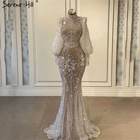 Wholesale Serene Hill Silver Mermaid Luxury Evening Dresses Gowns Full Sleeves Beading Elegant For Women Party LA71036