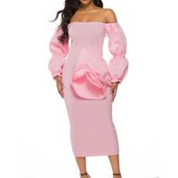 Wholesale Casual Dresses Off The Shoulder Party Women Sexy Bodycon Long Sleeves Cocktail Formal Mid calf African Female Pink Sweet Dress
