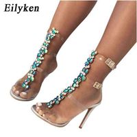 Wholesale Eilyken PVC Jelly Blue Crystal Sandals Open Toed High Heels Sexy Buckle Strap Women Sandals Pumps Silver size