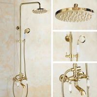 Wholesale Bathroom Shower Sets Gold Color Brass Two Ceramic Handle Wall Mounted Rain Head Bath Tub Faucet Set Telephone Shape Hand Spray Mgf372