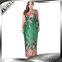 Wholesale Casual Dresses SCStranger Plus Size Women Summer Sexy Round Neck Emerald Organ Satin Print Dress Pleated Crimped Fabric Long