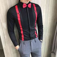 Wholesale Men s Tuxedo Shirt and Bow tie Chest Pleated Strap Long Sleeve Slim Fit Prom Dress Blouse Black Red White Wedding Social Tops